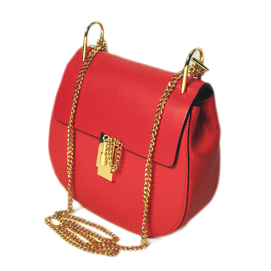 Red Clasp Genuine Leather Chain Crossbody Handbag
