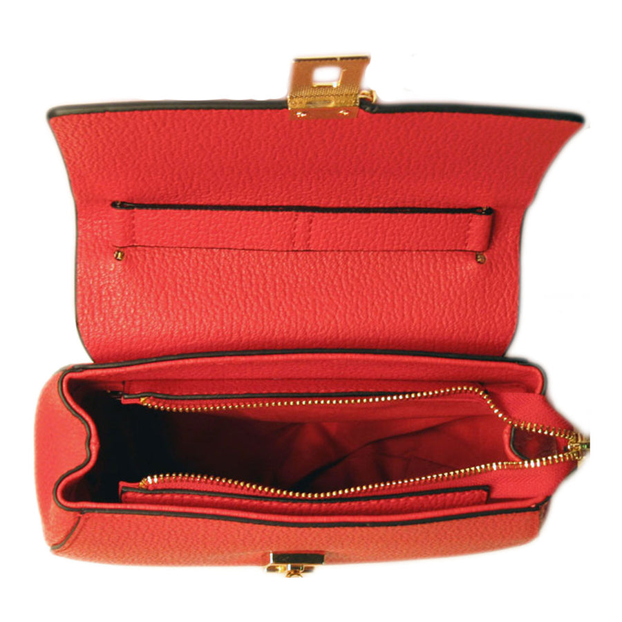 Red Clasp Genuine Leather Chain Crossbody Handbag