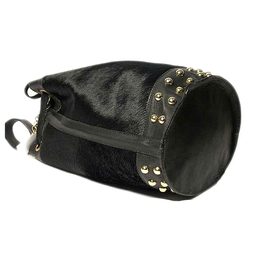 Handcrafted Black Calf Hair Drawstring Bucket Tassel Shoulder Bag