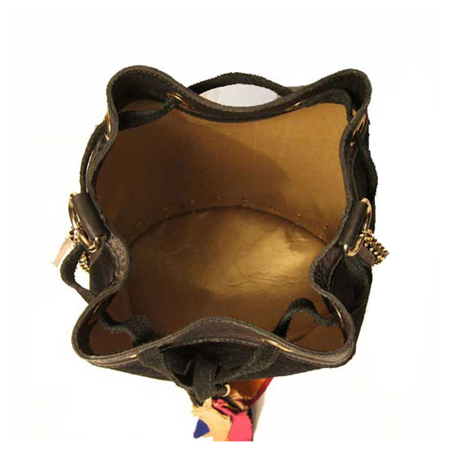 Handcrafted Black Calf Hair Drawstring Bucket Tassel Shoulder Bag