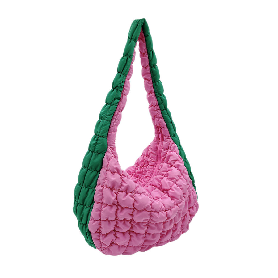 Pink Green Quilted Puffer Shoulder Bag