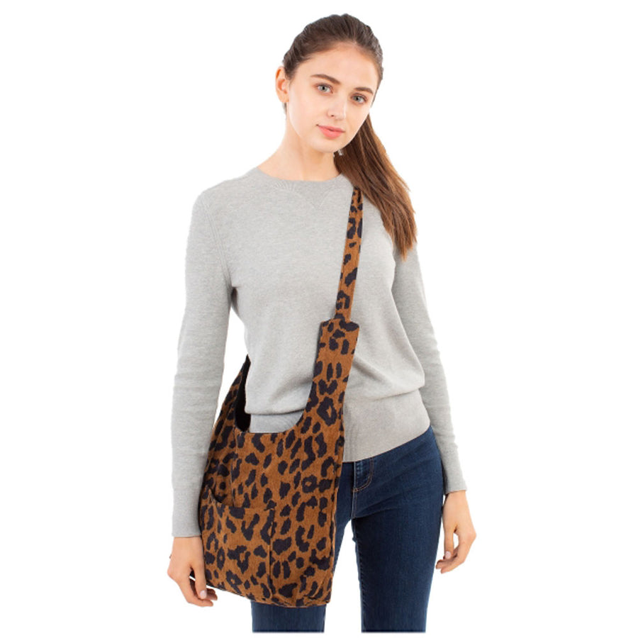 Stylish Leopard Print Corduroy Shoulder Bag