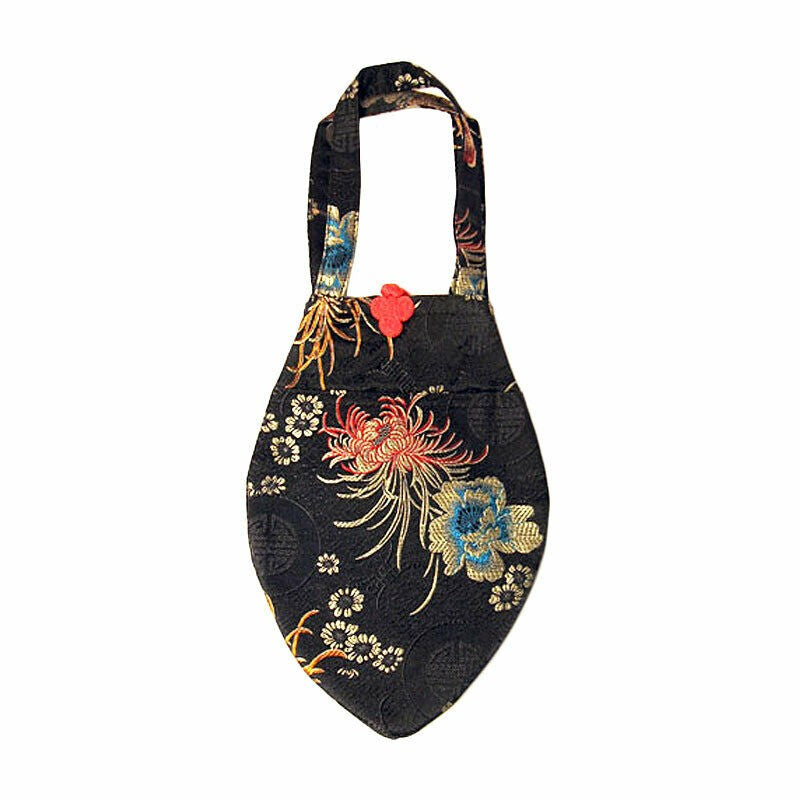 Chic Black Handmade Teardrop Silk Brocade Purse Bag