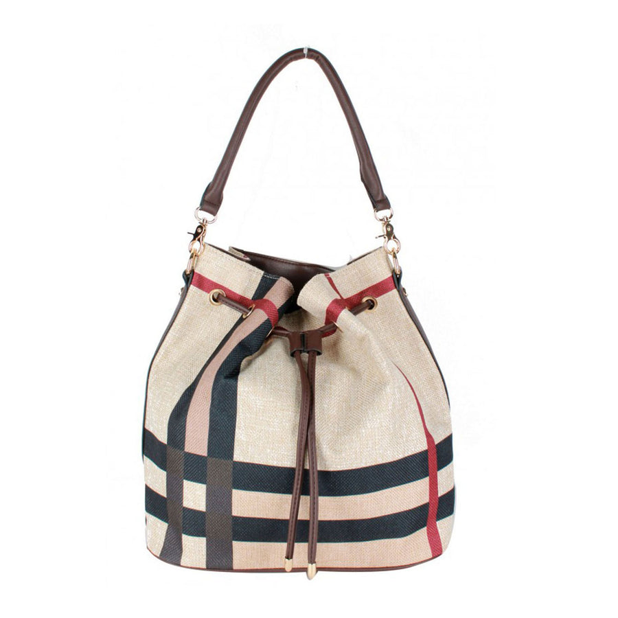 Iconic Tartan Stripes Drawstring Bucket Shoulder Bag