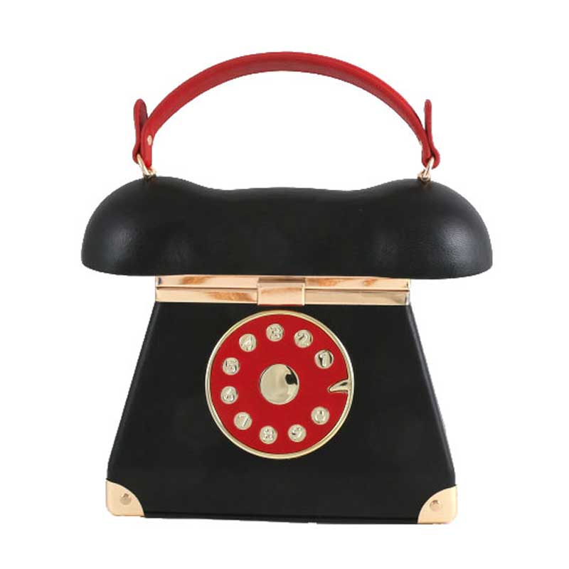 Inspired Black Whimsical Black Leatherette Telephone Novelty Bag