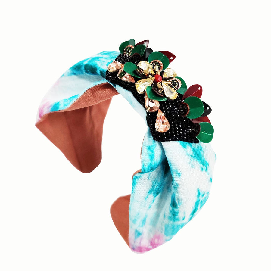 Lovely Blue Tie Dye Beaded Floral Turban Headband