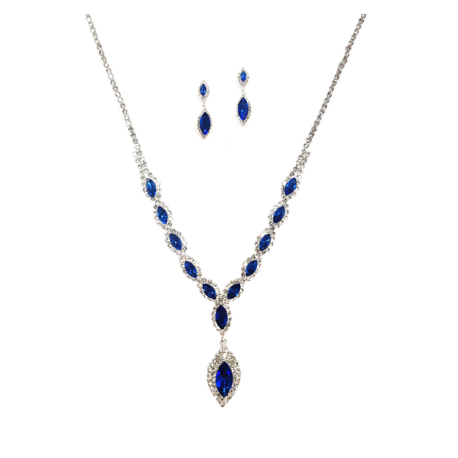 Glittering Royal Blue Oval Rhinestone Statement Necklace Earrings Set