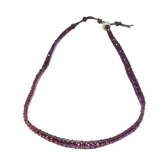 Handmade Purple Crystal Beads Leather Trim Bracelet Necklace