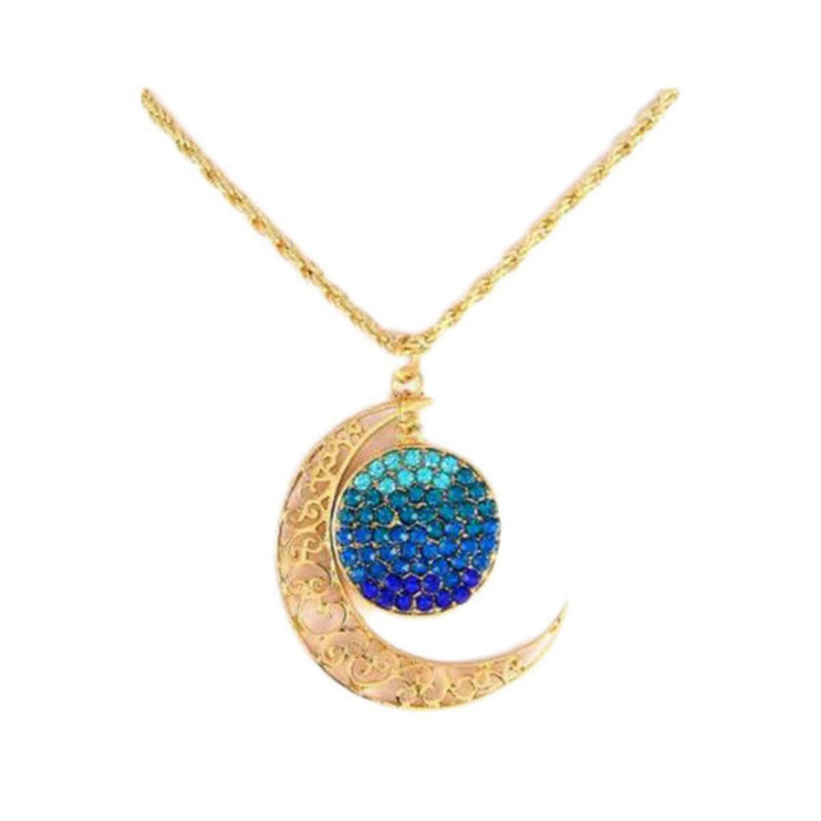Blue Rhinestone Moon Pave Pendant Necklace