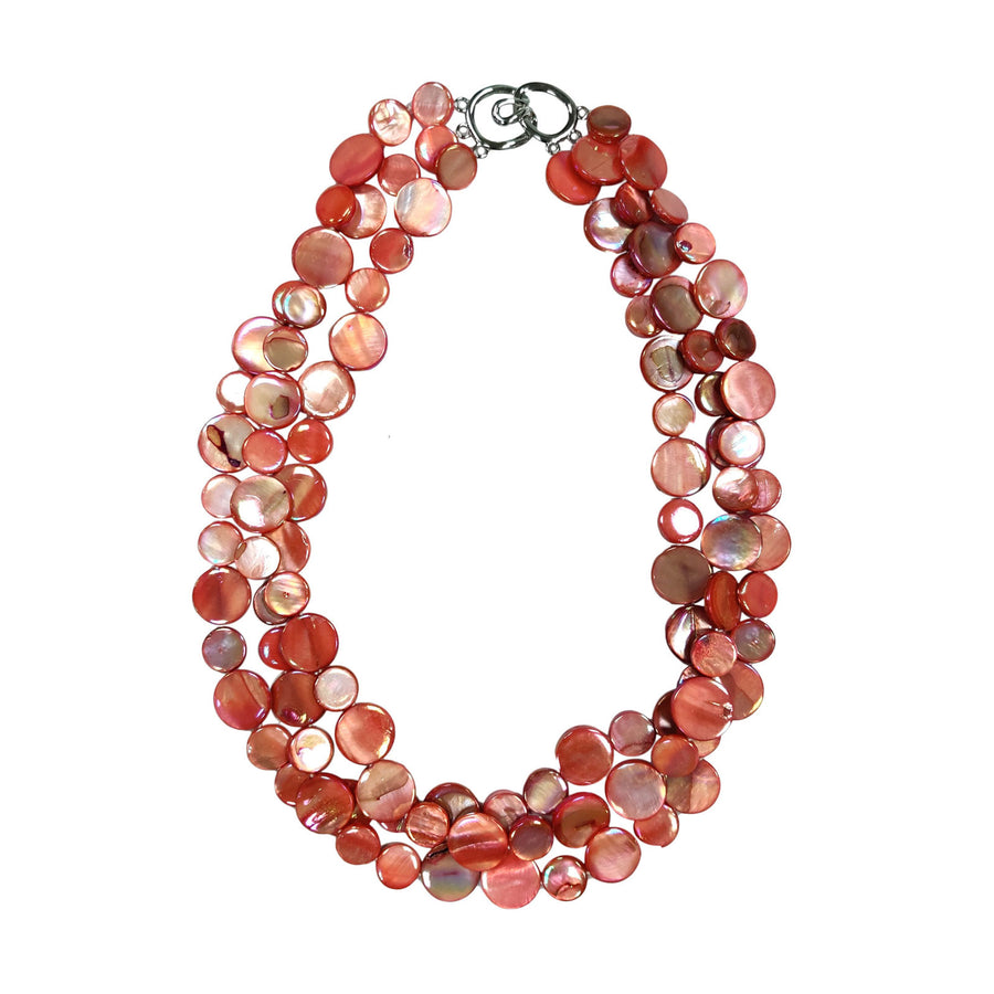 Stunning 3 Strands Coral Mother of Pearl Coin Disc Necklace
