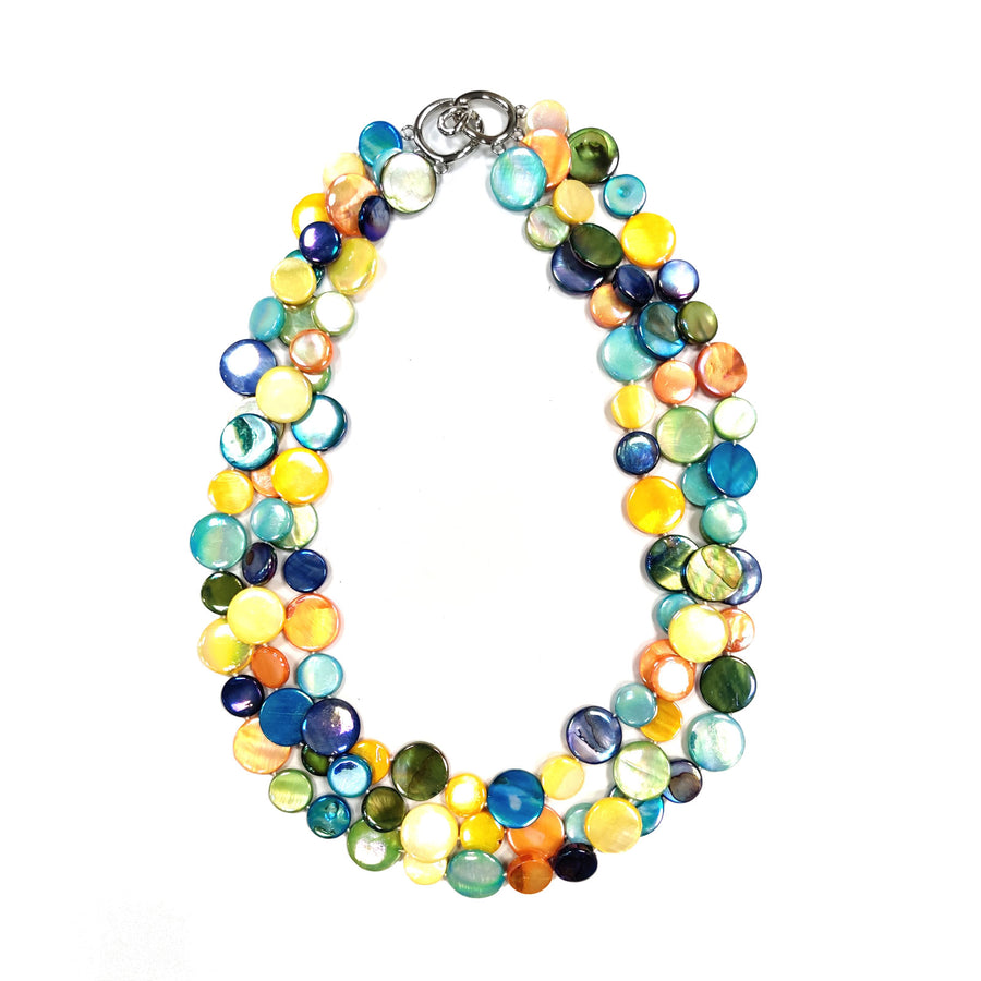 Stunning 3 Strands Tropical Fruit Mother of Pearl Coin Disc Necklace