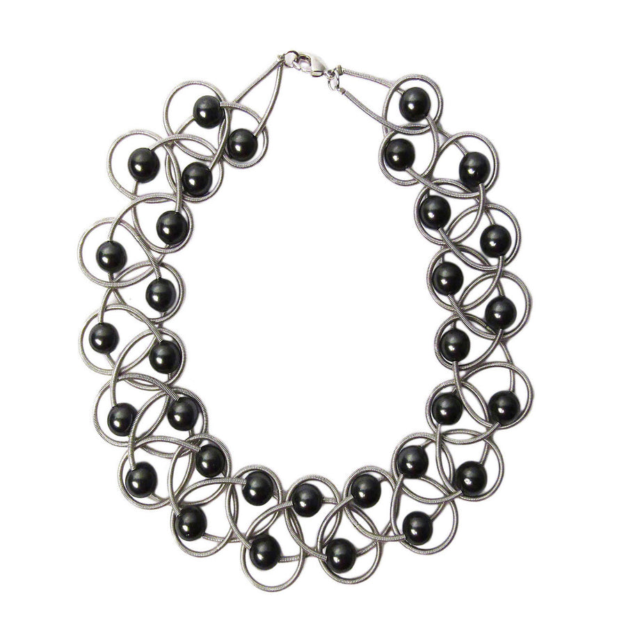 Lustrous Black Mother Of Pearl Silver Piano Wire Necklace