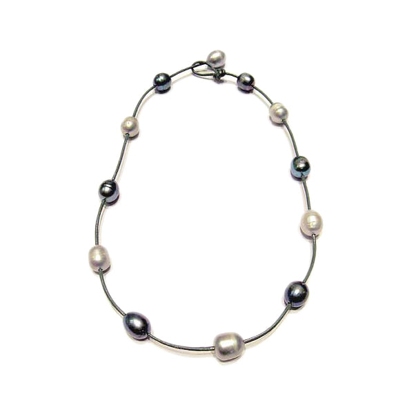 Genuine Gray Fresh Water Pearl "Tin Cup" Style Leather Choker Necklace