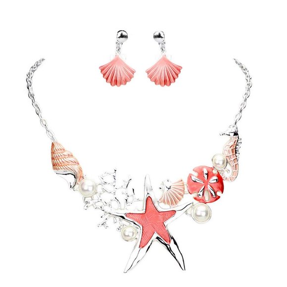 Pearly Pink Starfish Statement Necklace Earring Set