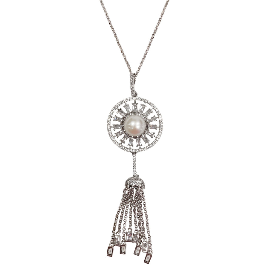 Vintage Pearly CZ Starburst Tassels White-Gold Plated Necklace