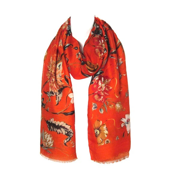 Orange Floral Print Oblong Scarf