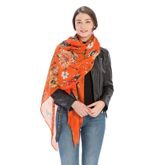 Orange Floral Print Oblong Scarf