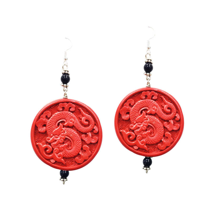 Cinnabar Red Round Dragon Pendant Earrings