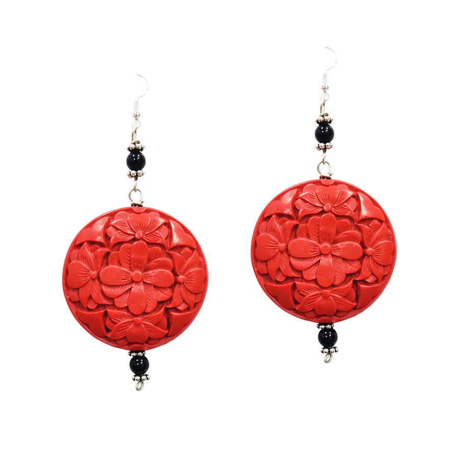 Cinnabar Red Round Floral Pendant Earrings