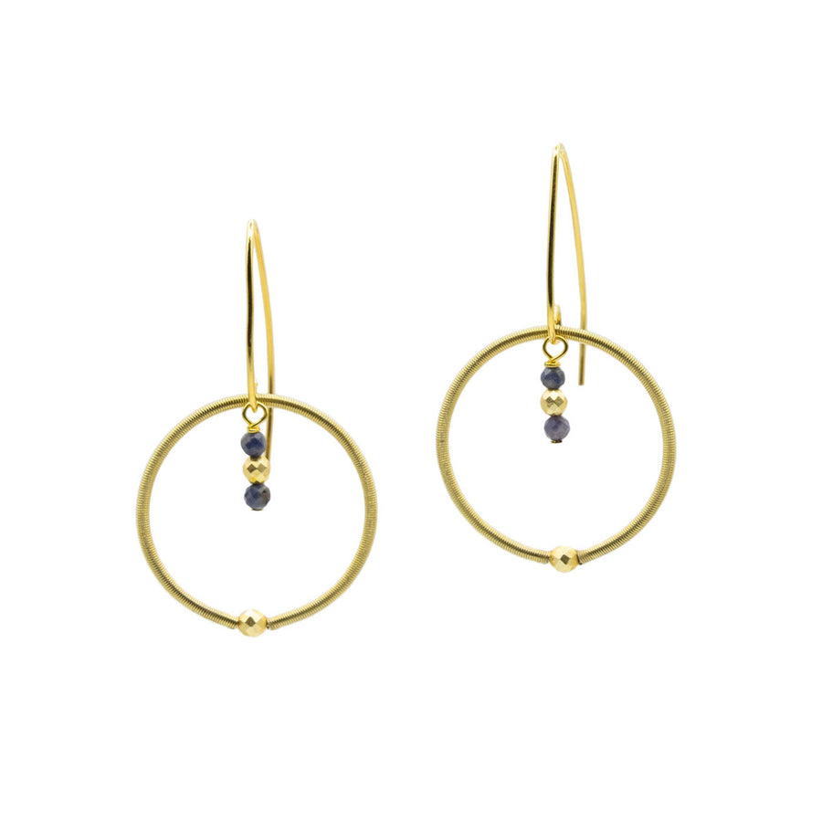 Handcrafted Genuine Indigo Sapphire Gold Piano Wire Hoop Dangle Drop Earrings