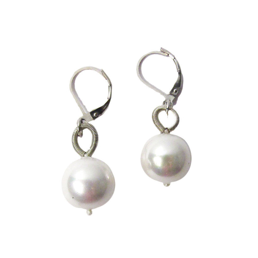 Lustrous Pearly White Mother Of Pearl Silver Piano Wire Earring