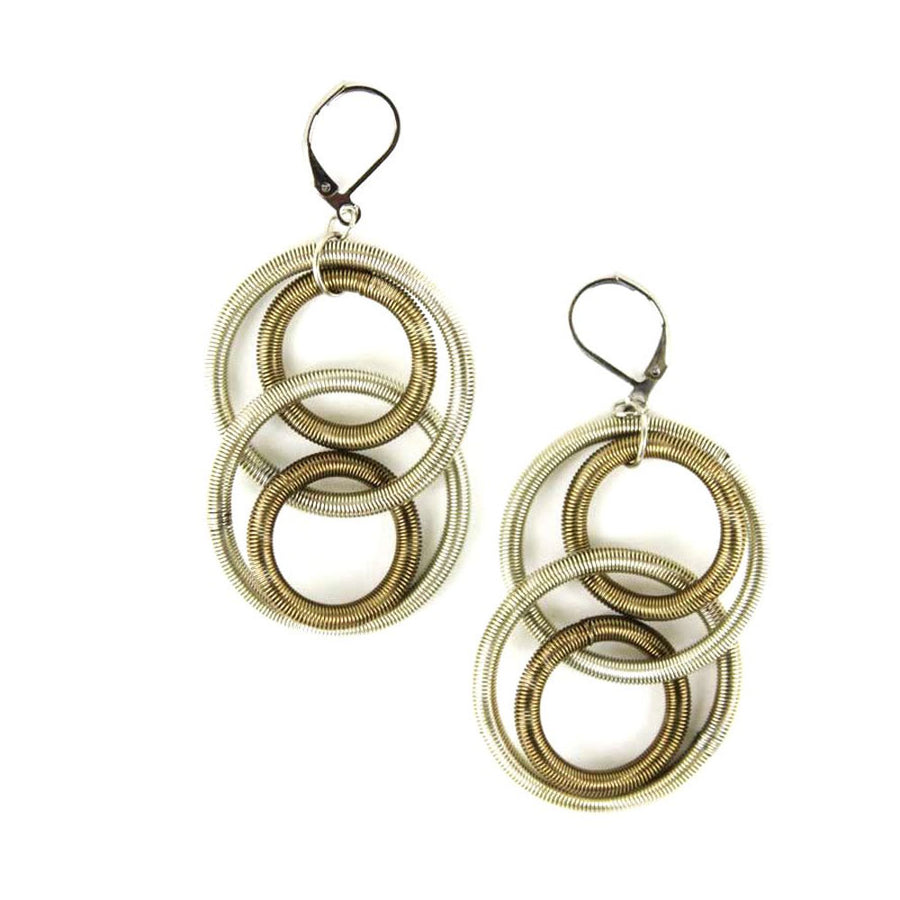 Handcrafted Bronze Silver Double Rings Piano Wire Dangle Drop Earrings