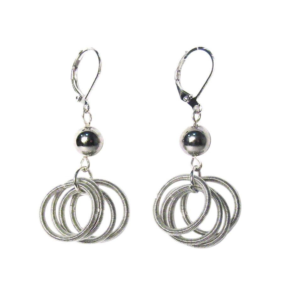 Handcrafted Silver Multi Rings Piano Wire Silver Bead Dangle Drop Earrings