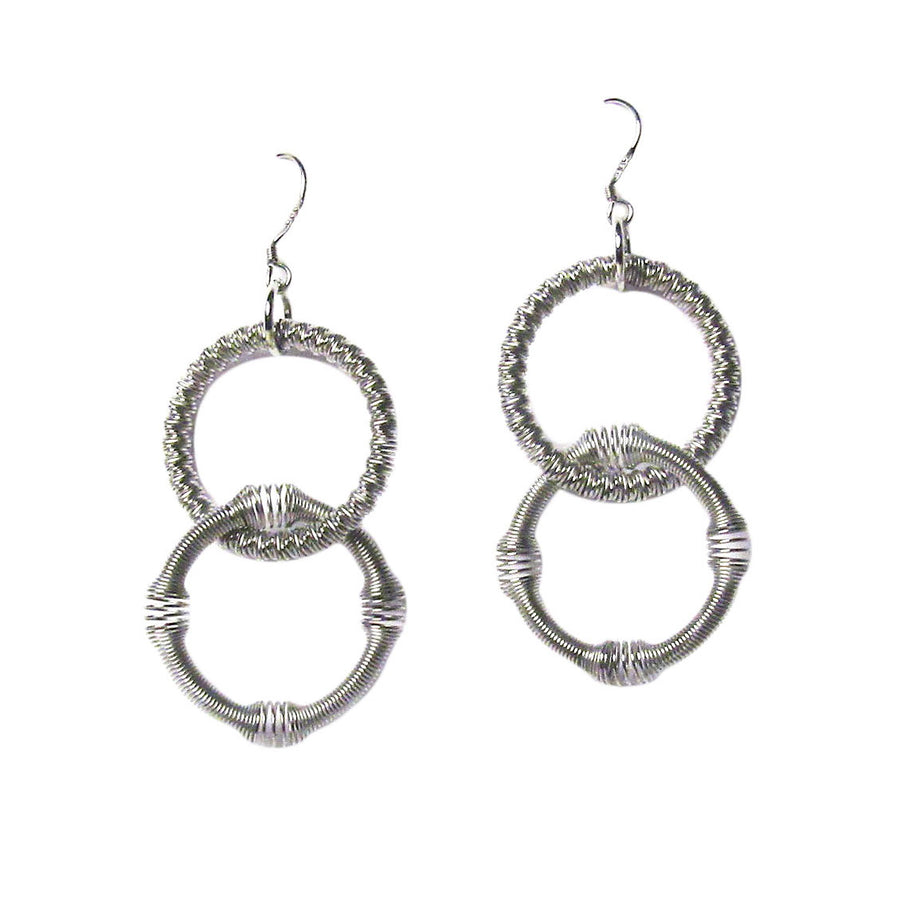 Handcrafted Silver Double Ring Piano Wire Dangle Drop Earrings