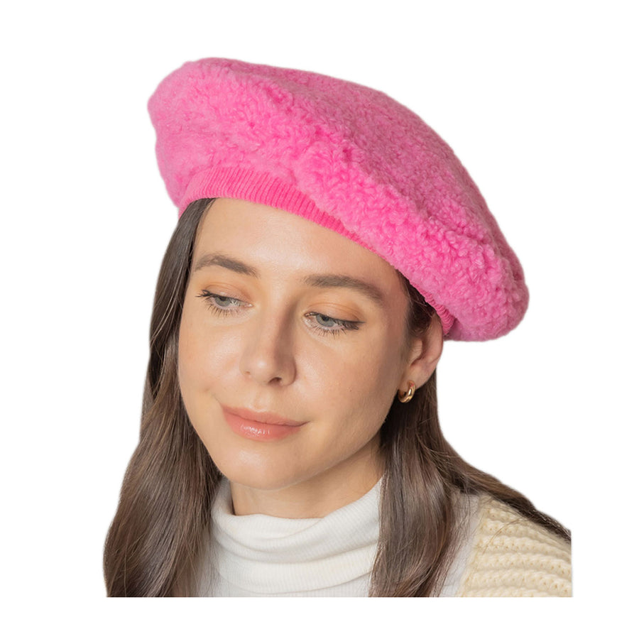 Fuchsia Pink Stretchy Teddy Beret Hat