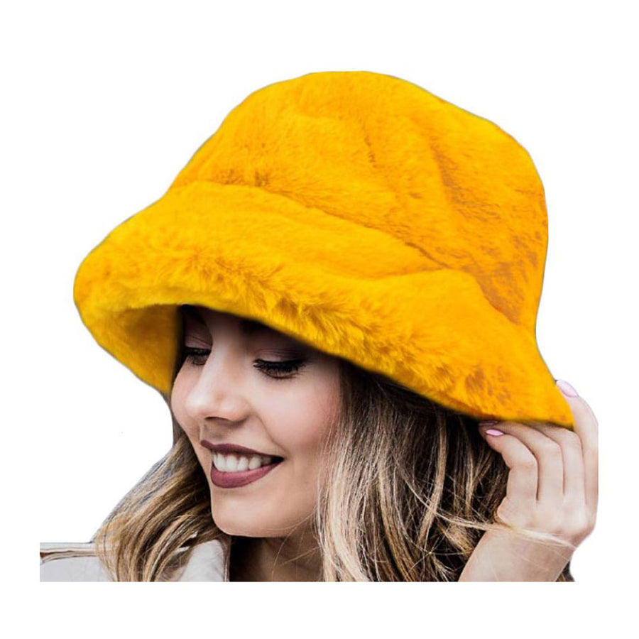 Super Stylish Mustard Yellow Fluffy Faux Fur Bucket Hat