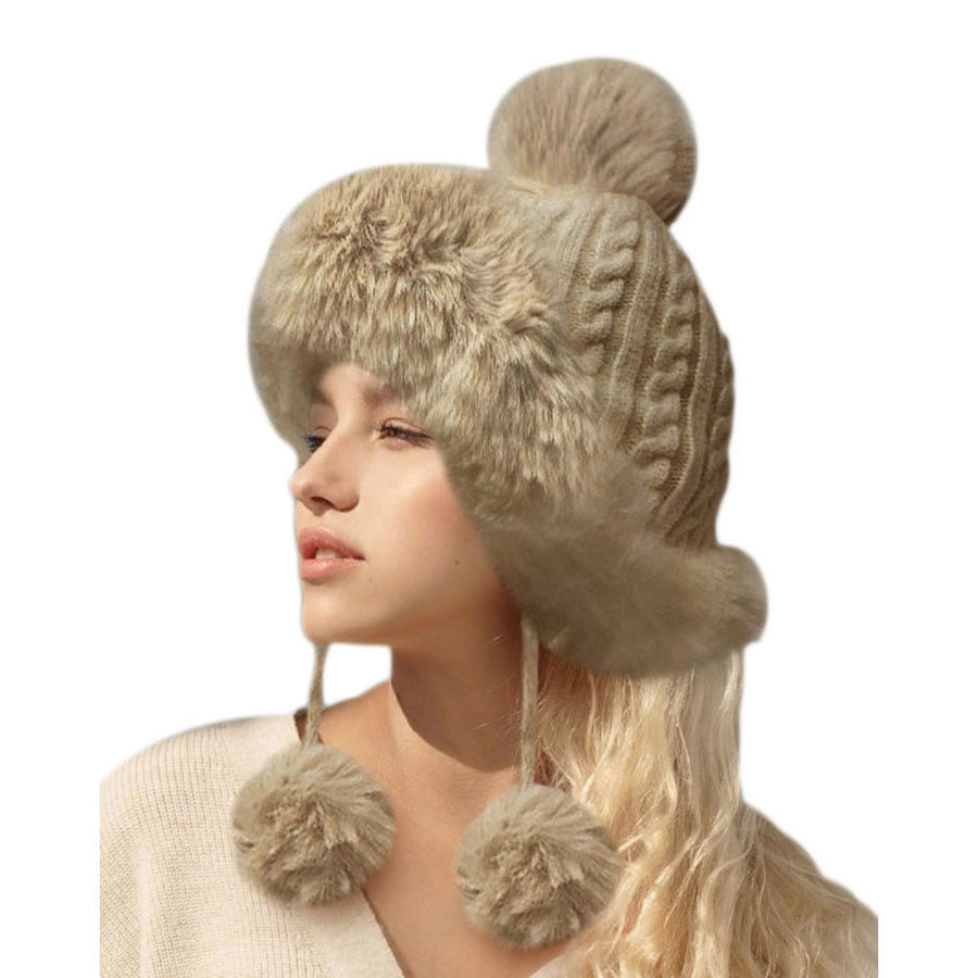 Tan Fur Trim Earflap Cable Knit Pom Pom Beanie Hat