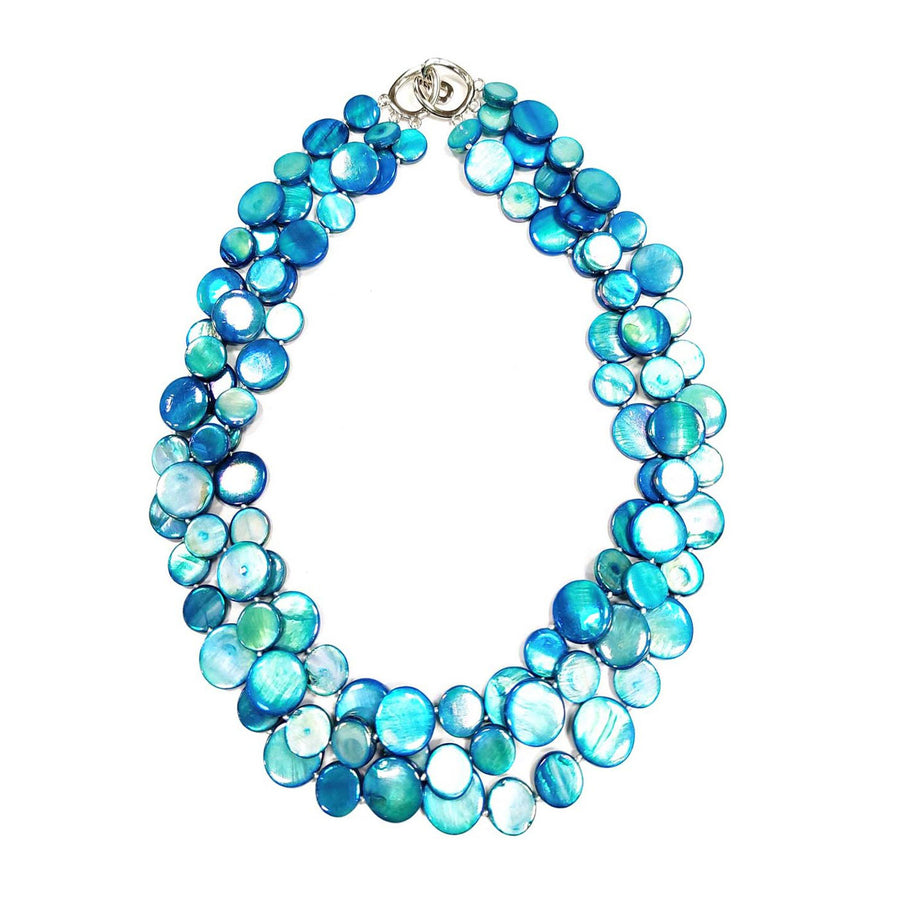 Stunning 3 Strands Blue Mother Of Pearl Coin Disc Necklace