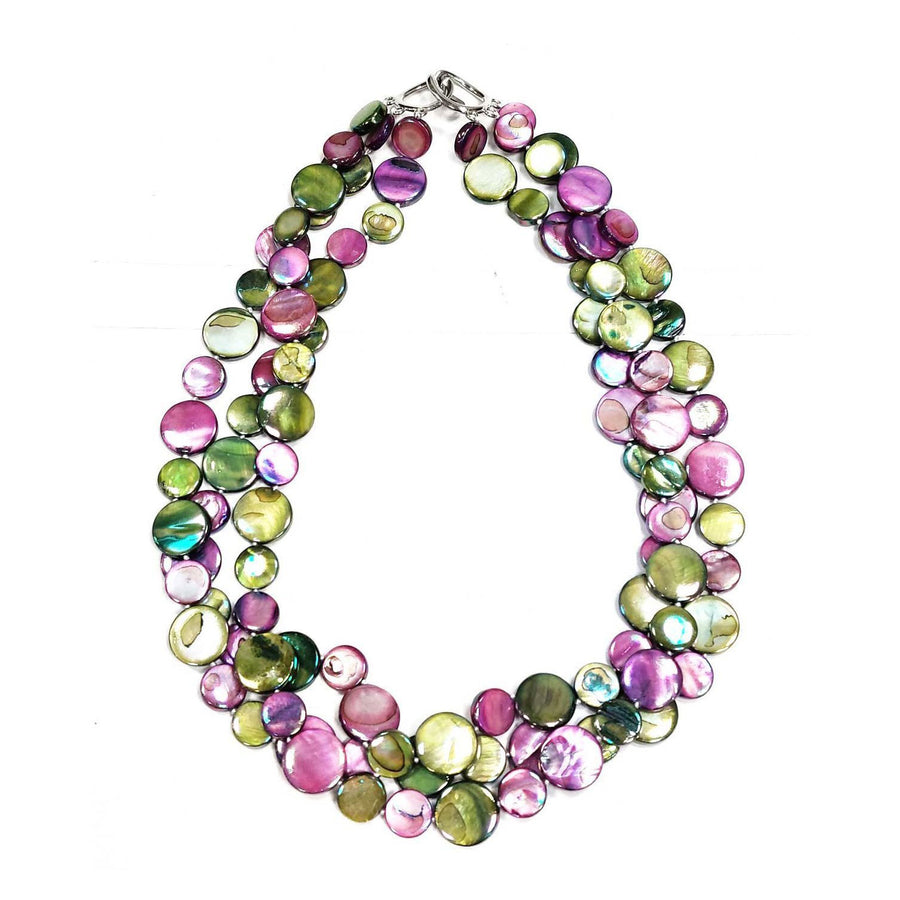 Stunning 3 Strands Purple Green Mother Of Pearl Coin Disc Necklace