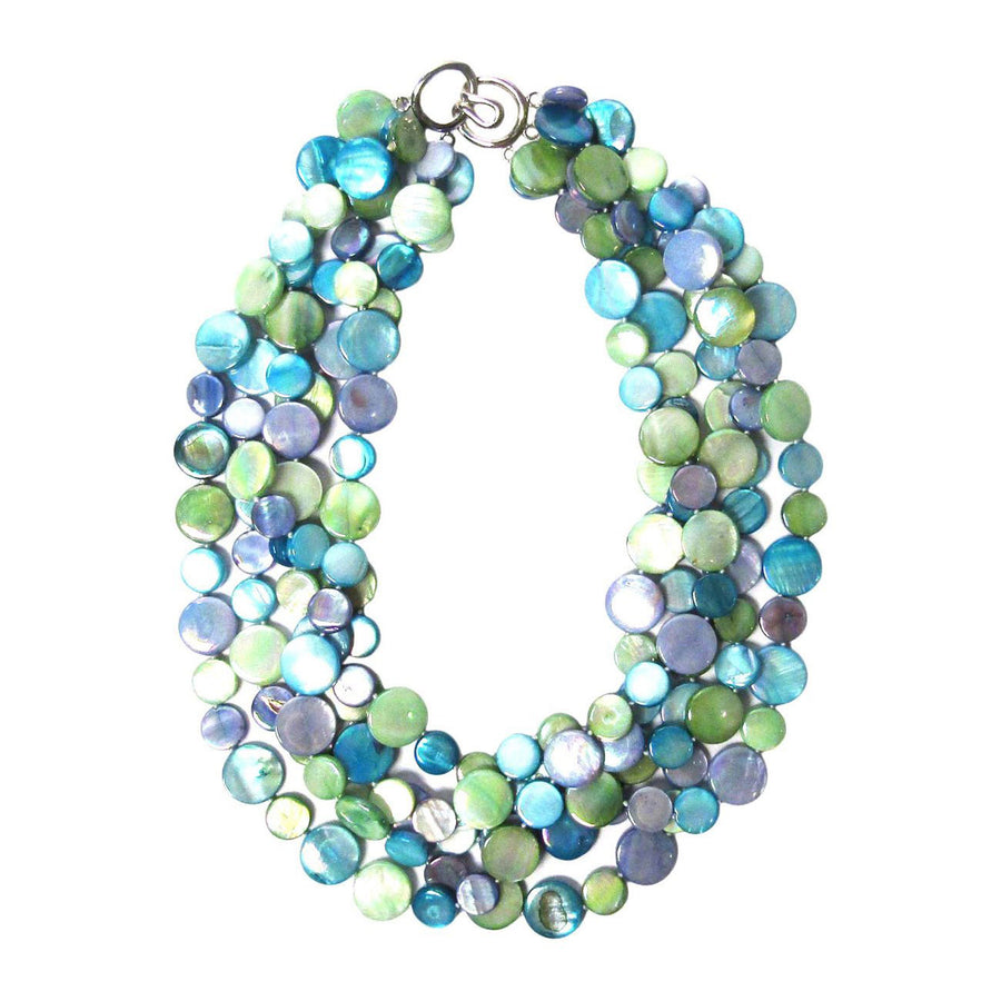 Stunning 5 Strands Multi Blue Mother Of Pearl Coin Disc Necklace