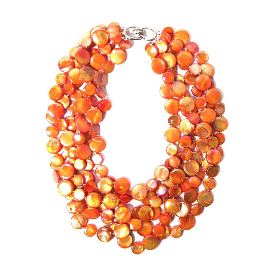 Multi Orange 5 Strands Of Mother Of Pearl Coin Disc Necklace