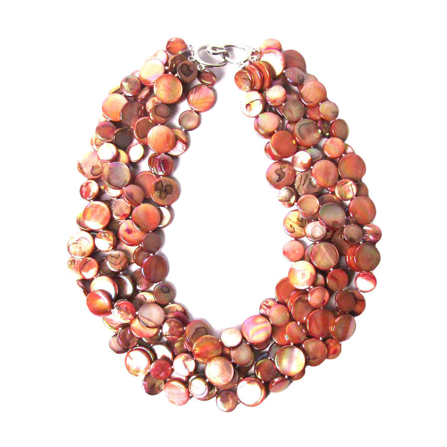 Stunning 5 Strands Pink Mother Of Pearl Coin Disc Necklace