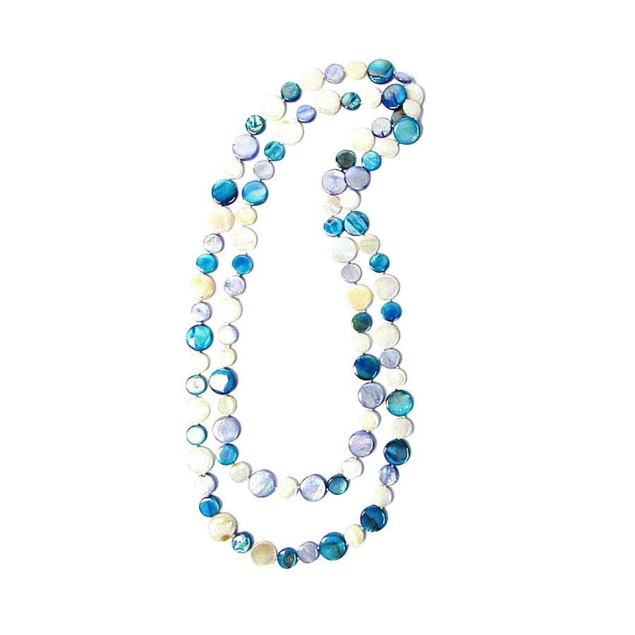 Turquoise Blue And Pearly White 50” Mother- Of- Pearl Double Strands Necklaces