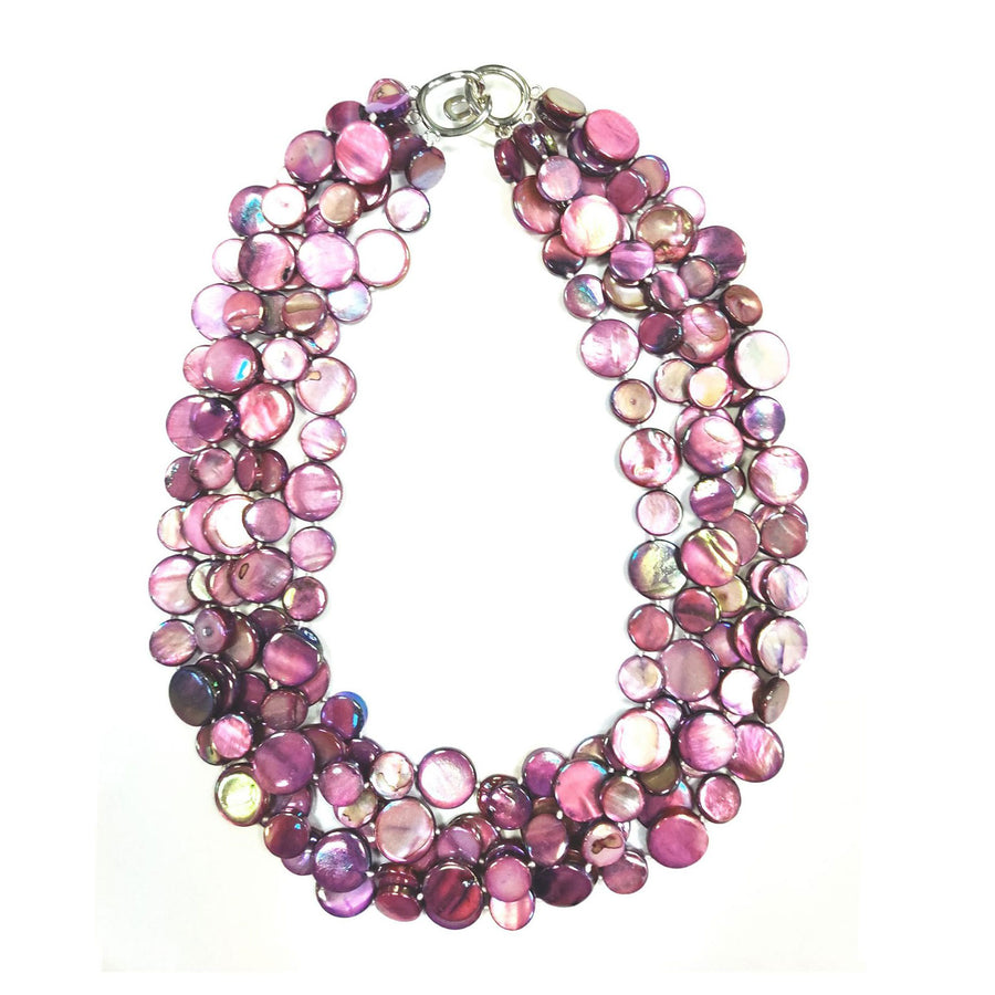 Stunning 5 Strands Purple Mother Of Pearl Coin Disc Necklace