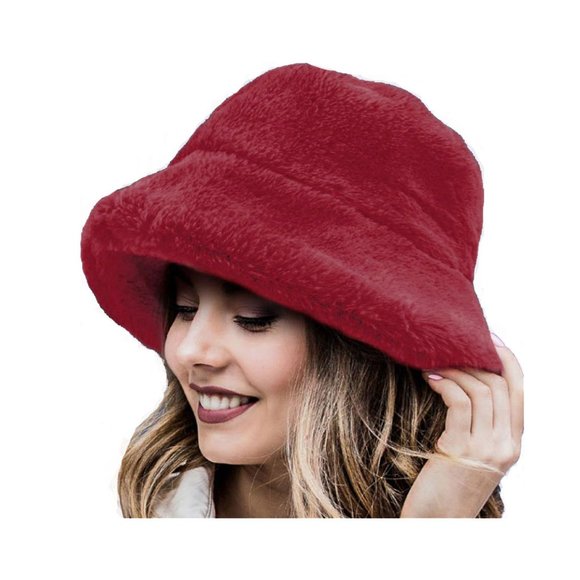 Super Stylish Burgundy Fluffy Faux Fur Bucket Hat