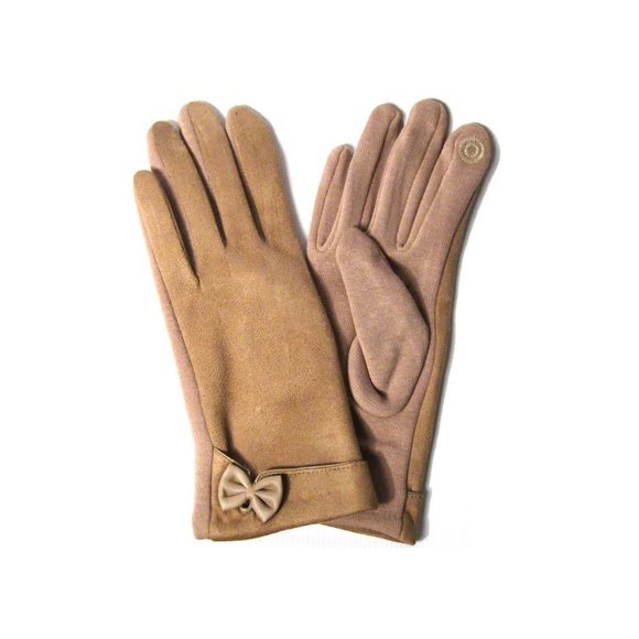 Gorgeous Tan Knit Bow Cuff Gloves