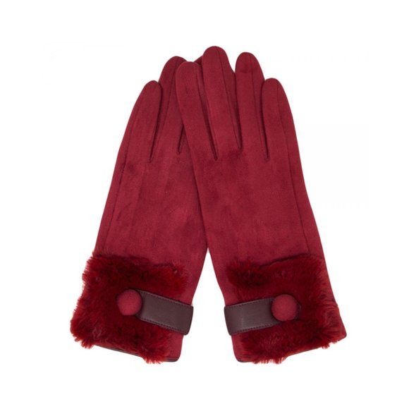 Burgundy Furry Leather Trim Gloves