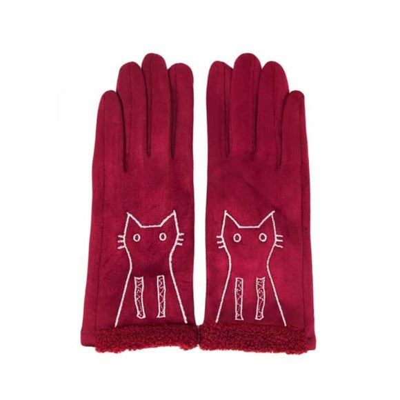 Lovely Burgundy Kitty Suede Gloves