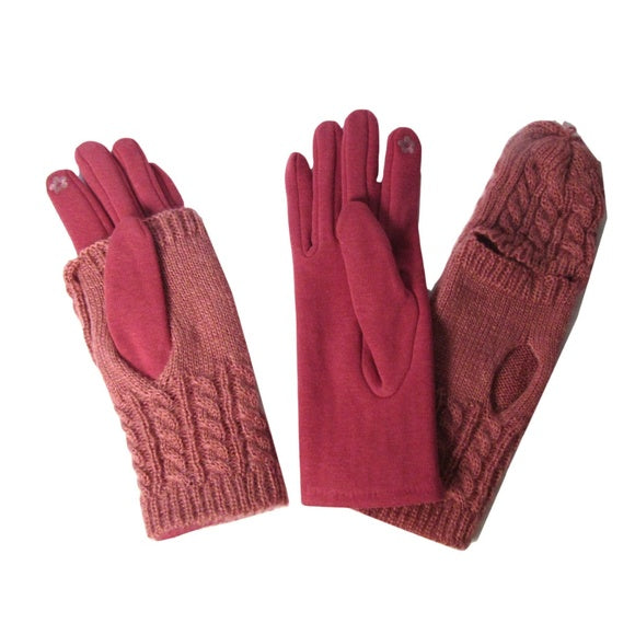 Pink Cable Knit Finger Flip Top Mitten 2 in 1 Gloves
