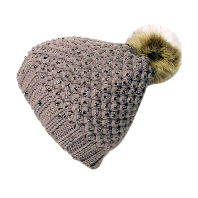 Charcoal Rhinestone Knit Fur Pom Pom Beanie Hat
