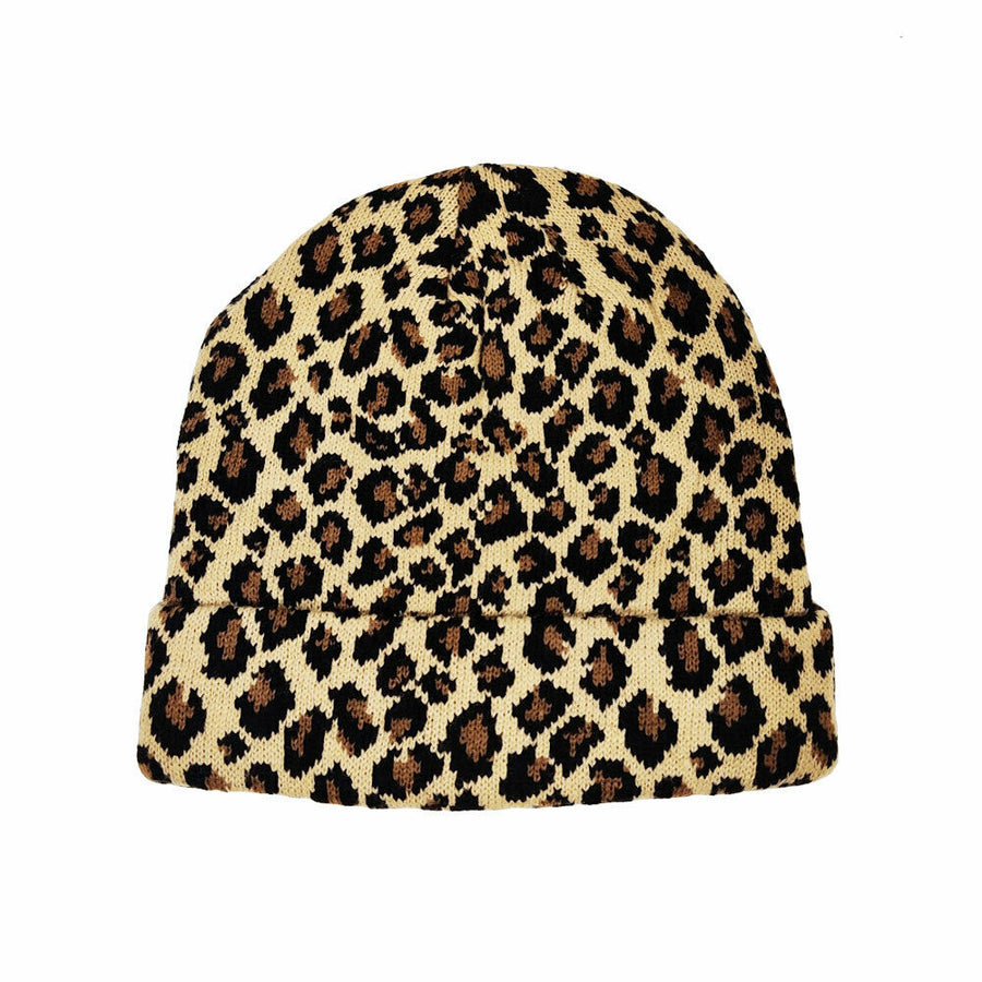 Brown Leopard Print Knit Beanie Hat