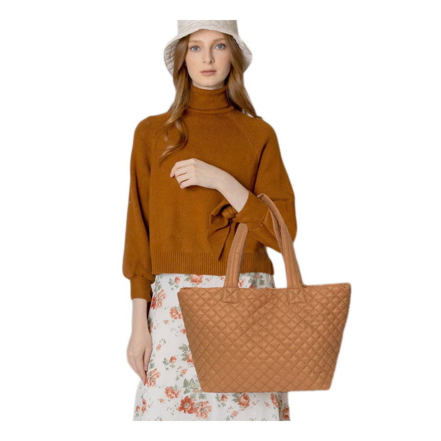 Chic Light Brown Quilted Puffer Tote Bag