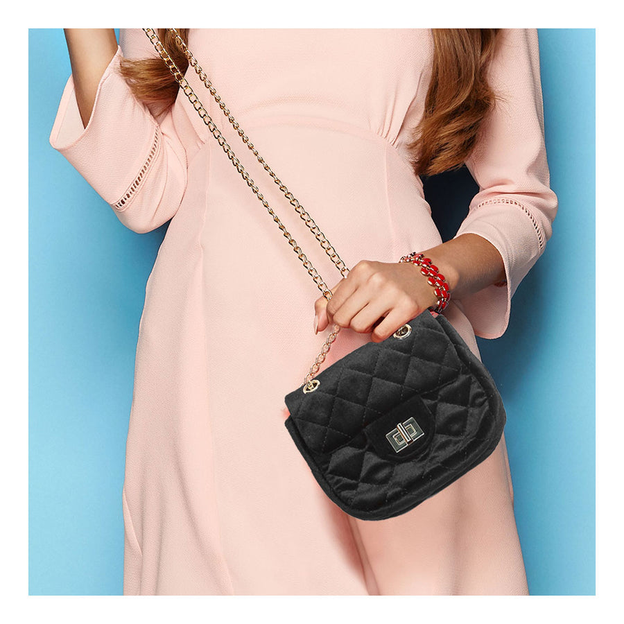 Romantic Black Quilted Velvet Chain Cross Body Belt Bag