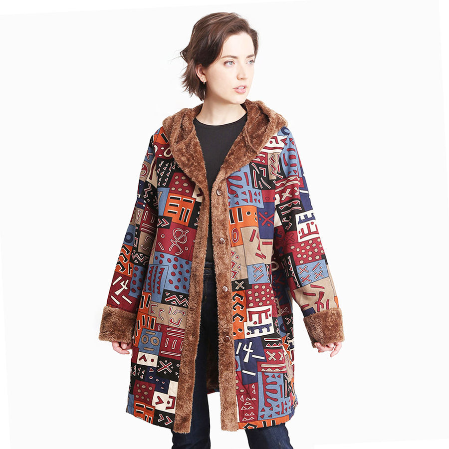 Fashionable Multicolor Patchwork Faux Fur Hood Jacket