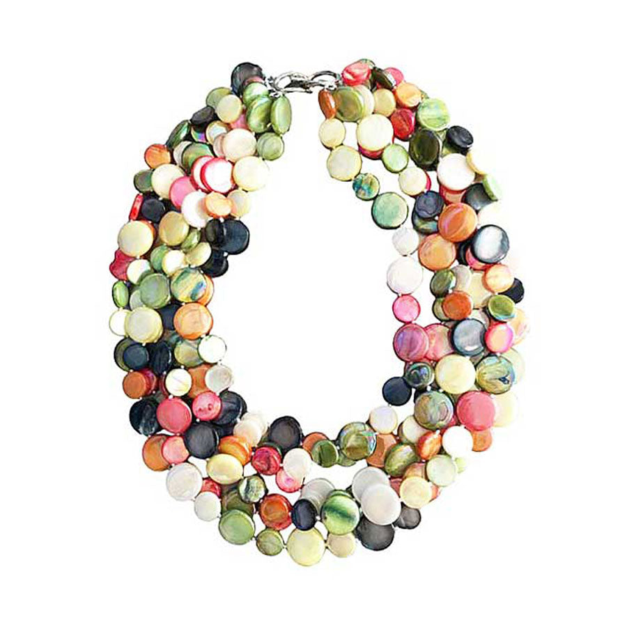 Multi Color 5 Strands Of Mother Of Pearl Coin Disc Necklace