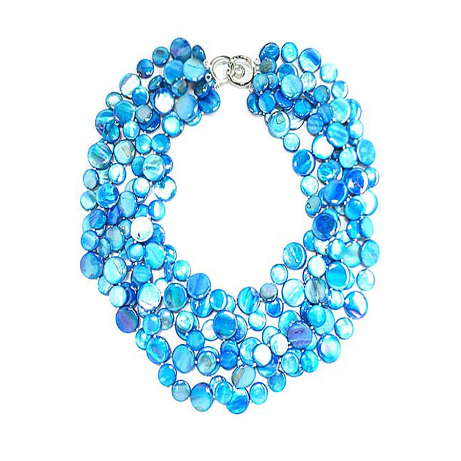 Turquoise Blue 5 Strands Of Mother Of Pearl Coin Disc Necklace